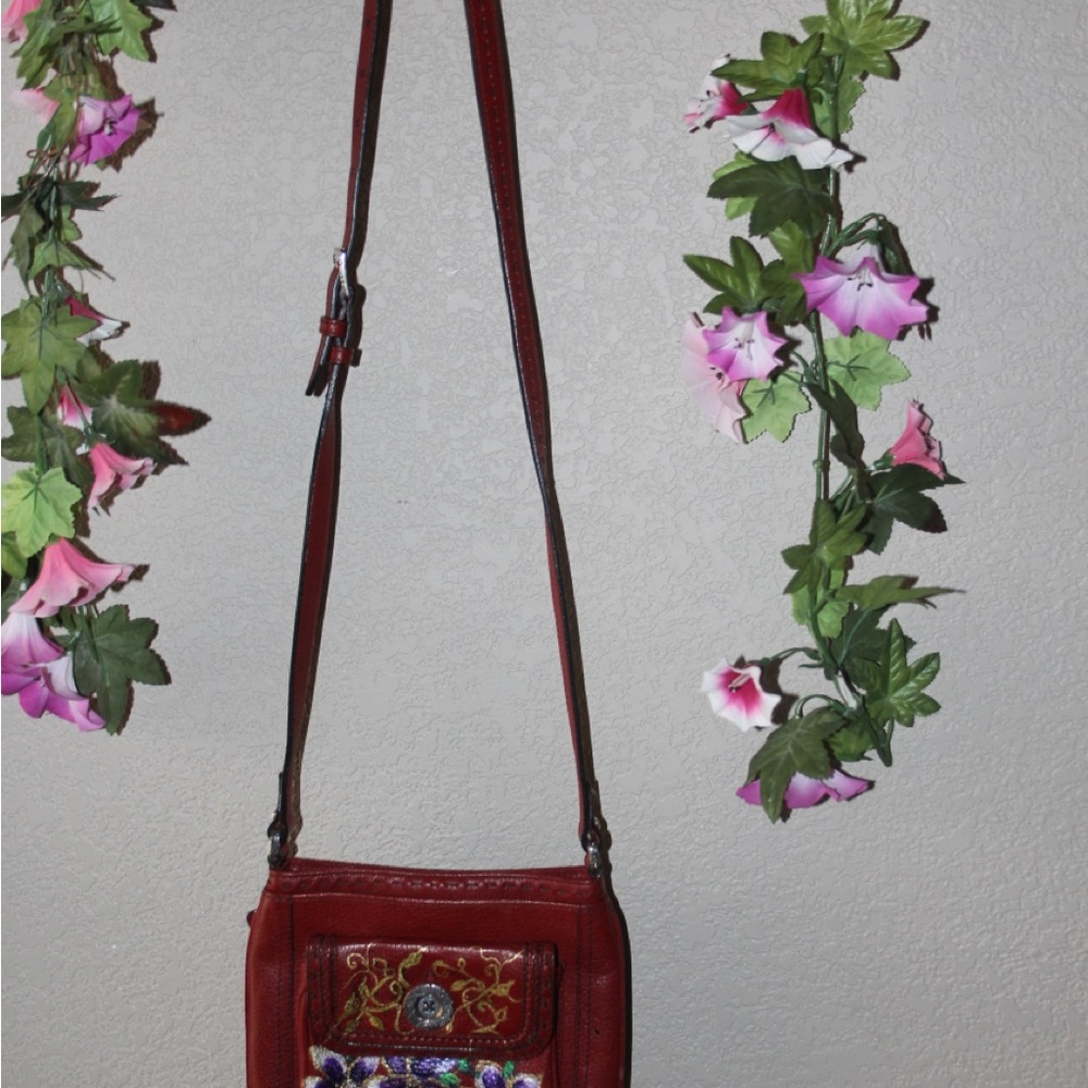 Brighton Red Leather Crossbody Bag hand-painted